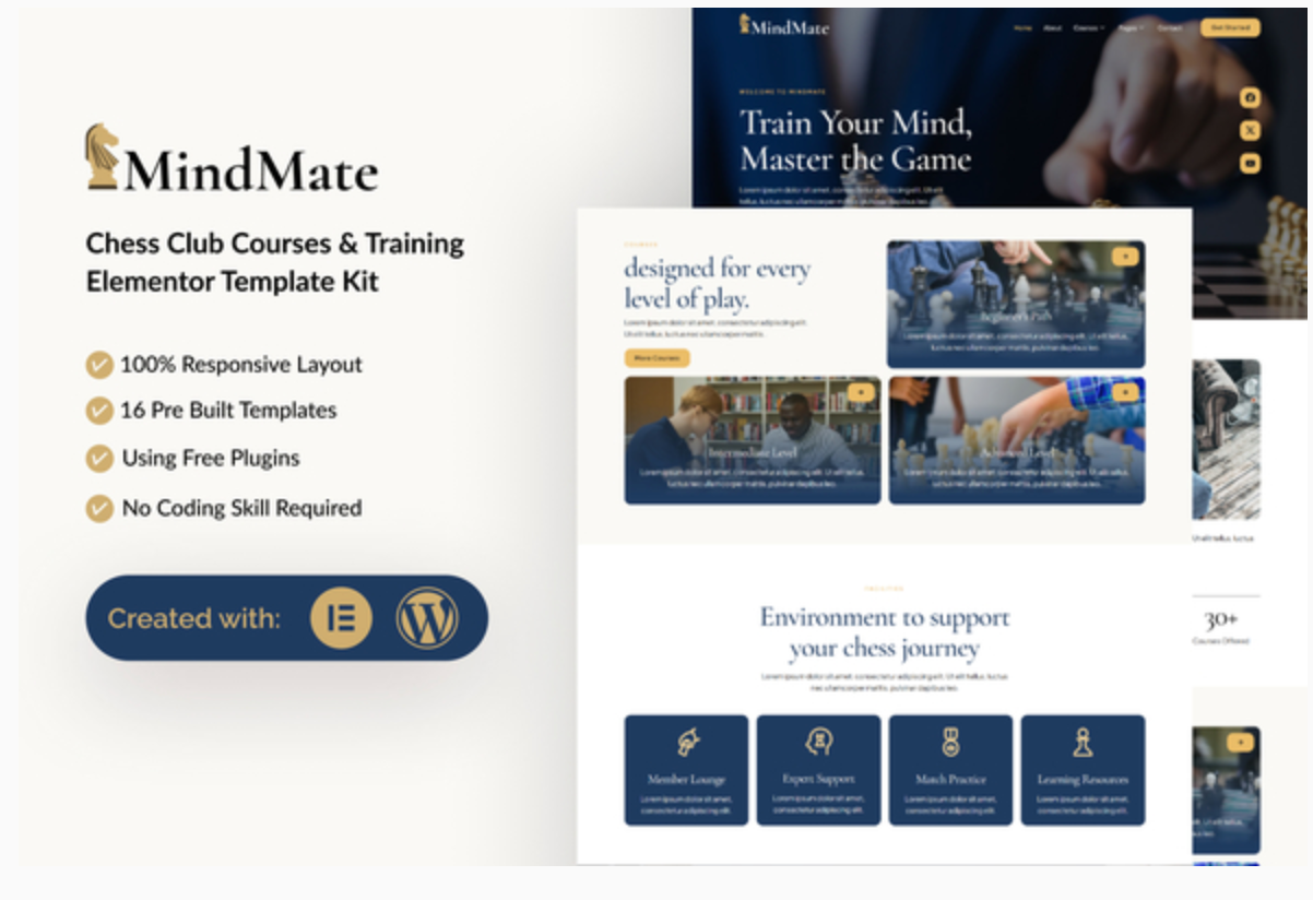 Mindmate - Chess Club Course & Training Elementor Template Kits