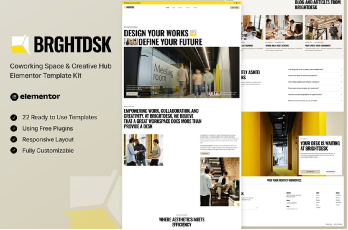 BrightDesk - Coworking Space & Creative Hub Elementor Template Kit