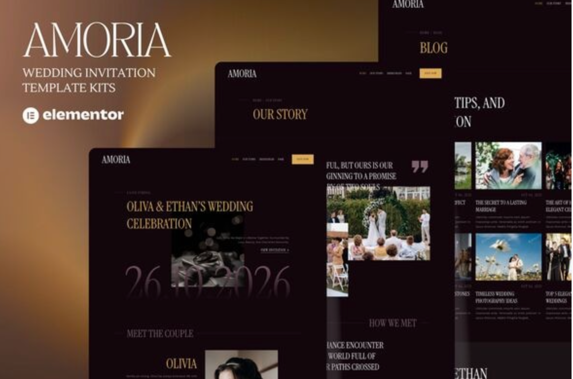 Amoria - Dark Luxury Wedding Invitation Website Elementor Template Kits