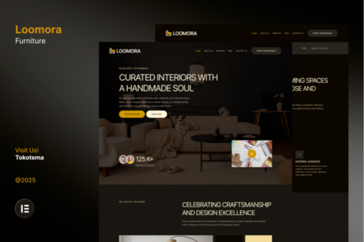 Loomora - Dark Handmade Furniture & Interior Design Website Elementor Template Kit