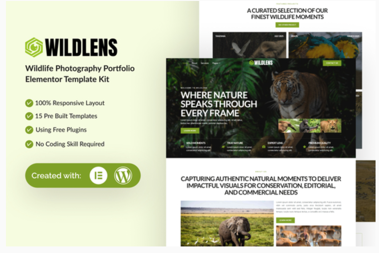 Wildlens - Wildlife Photography Portfolio Elementor Template Kit