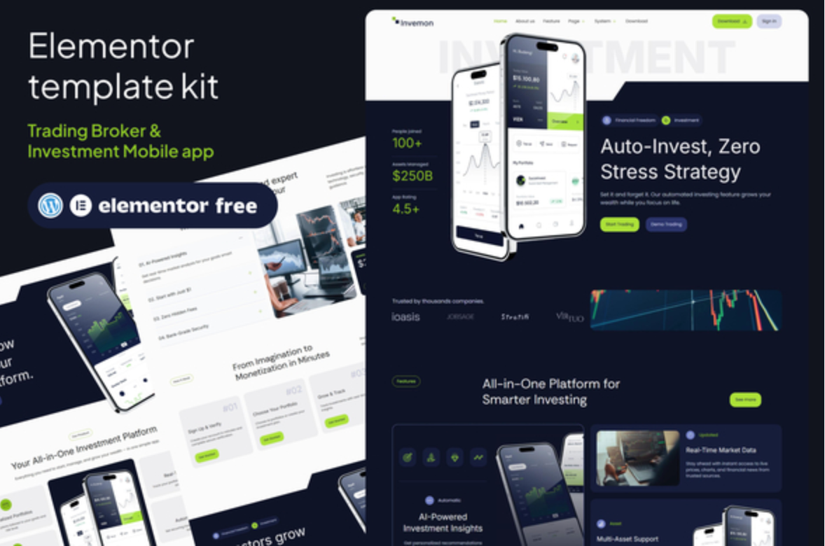 Invemon - Mobile Apps Trading & Investment Elementor Template kit