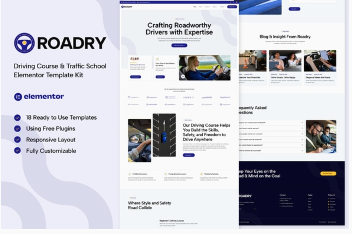 Roadry - Driving Course & Traffic School Elementor Template Kit