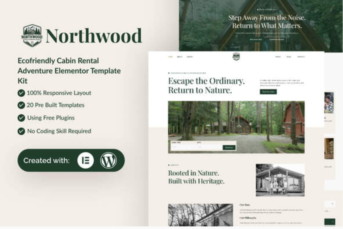 Northwood - Eco-Friendly Cabin Rental Adventure Elementor Template Kit