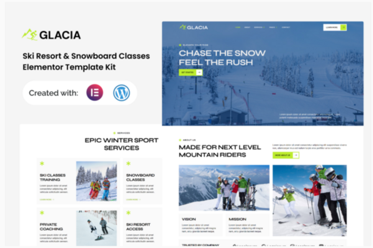 Glacia - Ski Resort & Snowboard Classes Elementor Template Kit