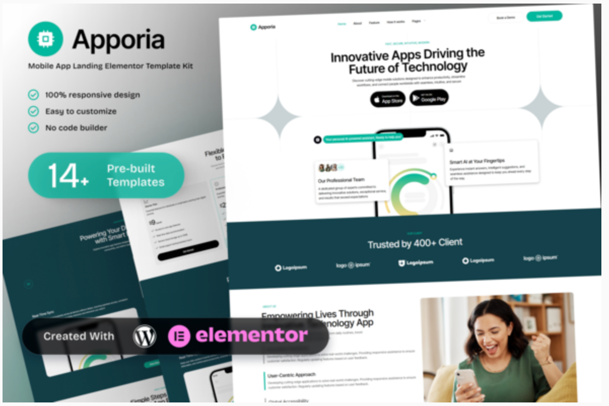 Apporia - Mobile App Landing Elementor Template Kit