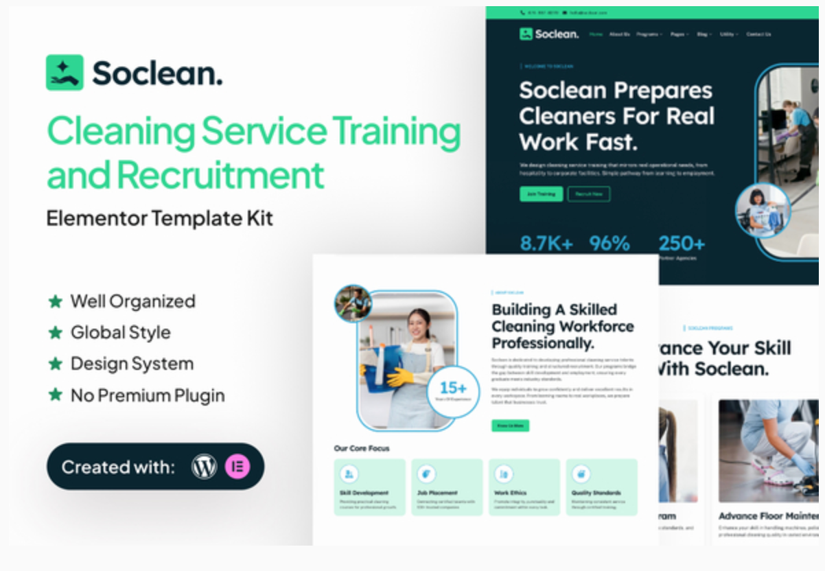 Soclean - Cleaning Service Training and Recruitment Elementor Template Kit
