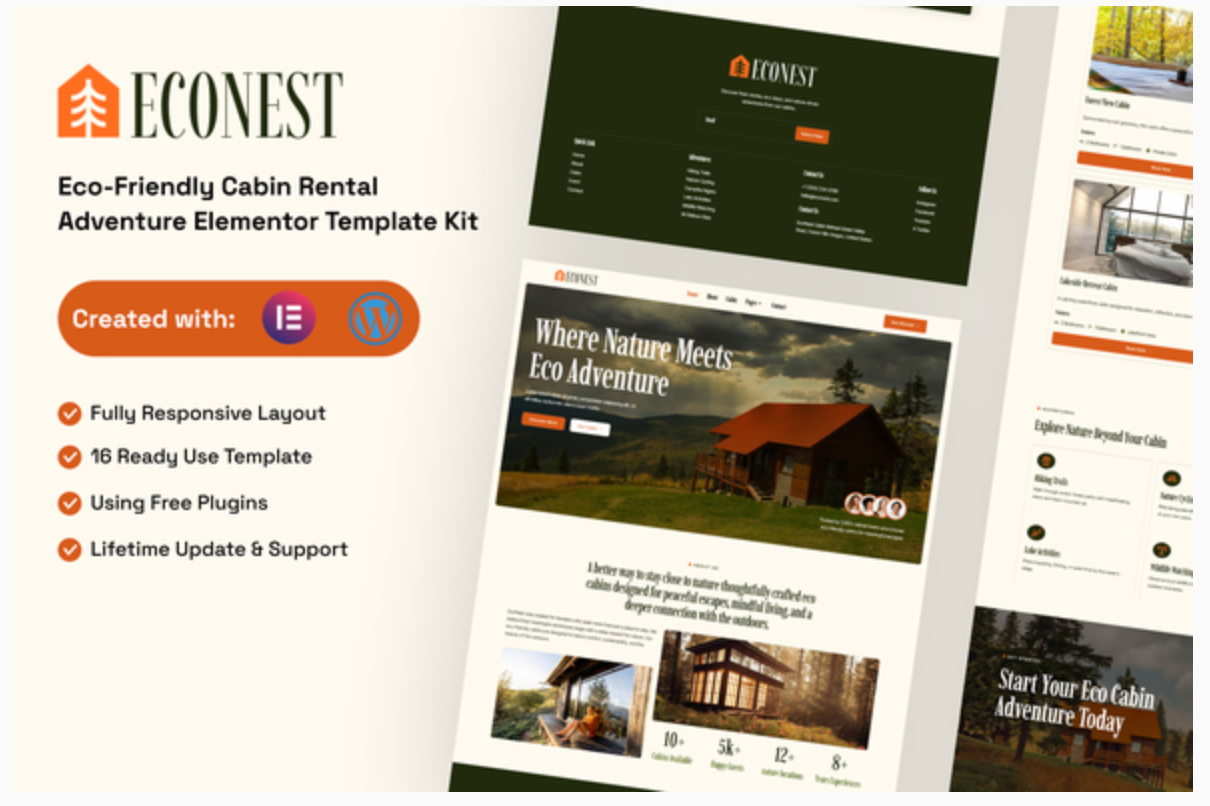 Econest - Eco-Friendly Cabin Rental Adventure Elementor Template Kit
