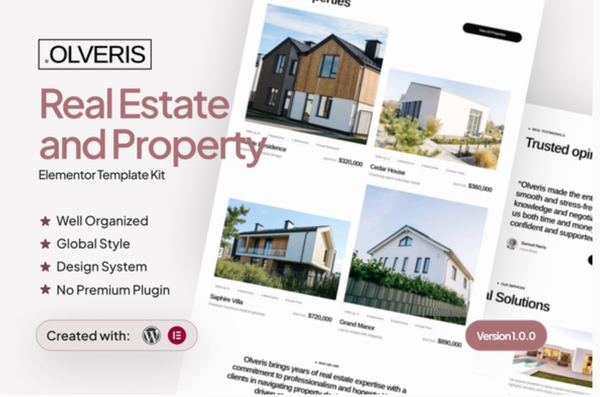 Olveris - Modern Real Estate and Property Elementor Template Kit