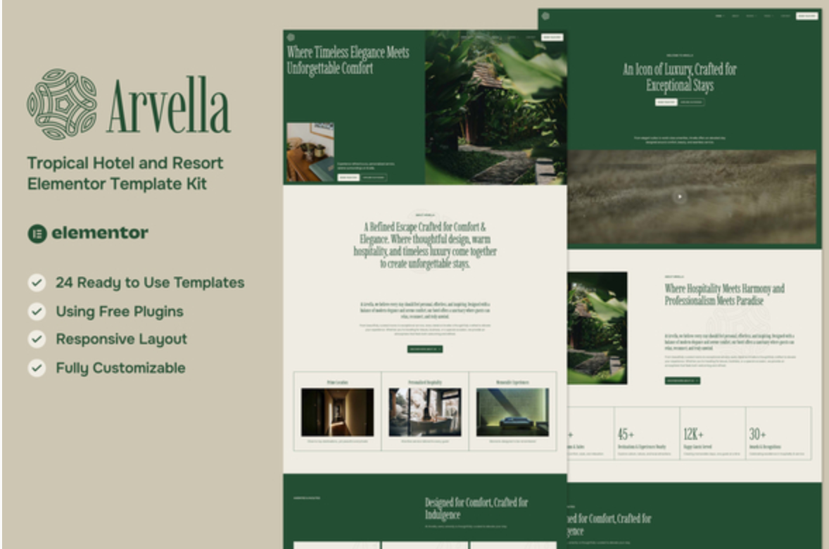 Arvella - Tropical Hotel & Resort Elementor Template Kit