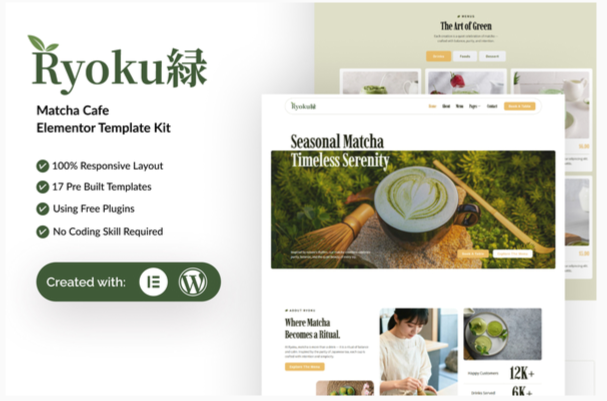Ryoku - Matcha Cafe Elementor Template Kit