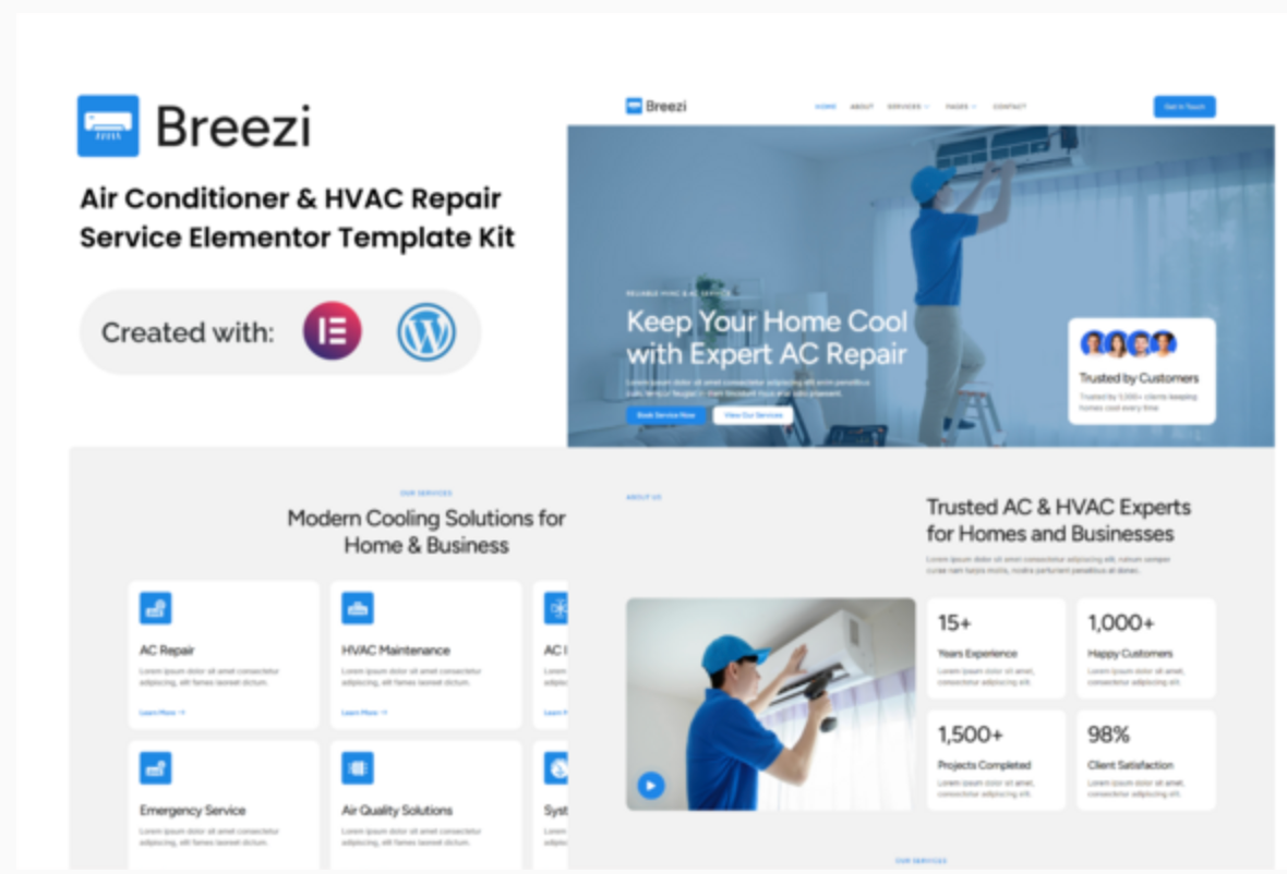 Breezi - Air Conditioner & HVAC Repair Service Elementor Template Kit